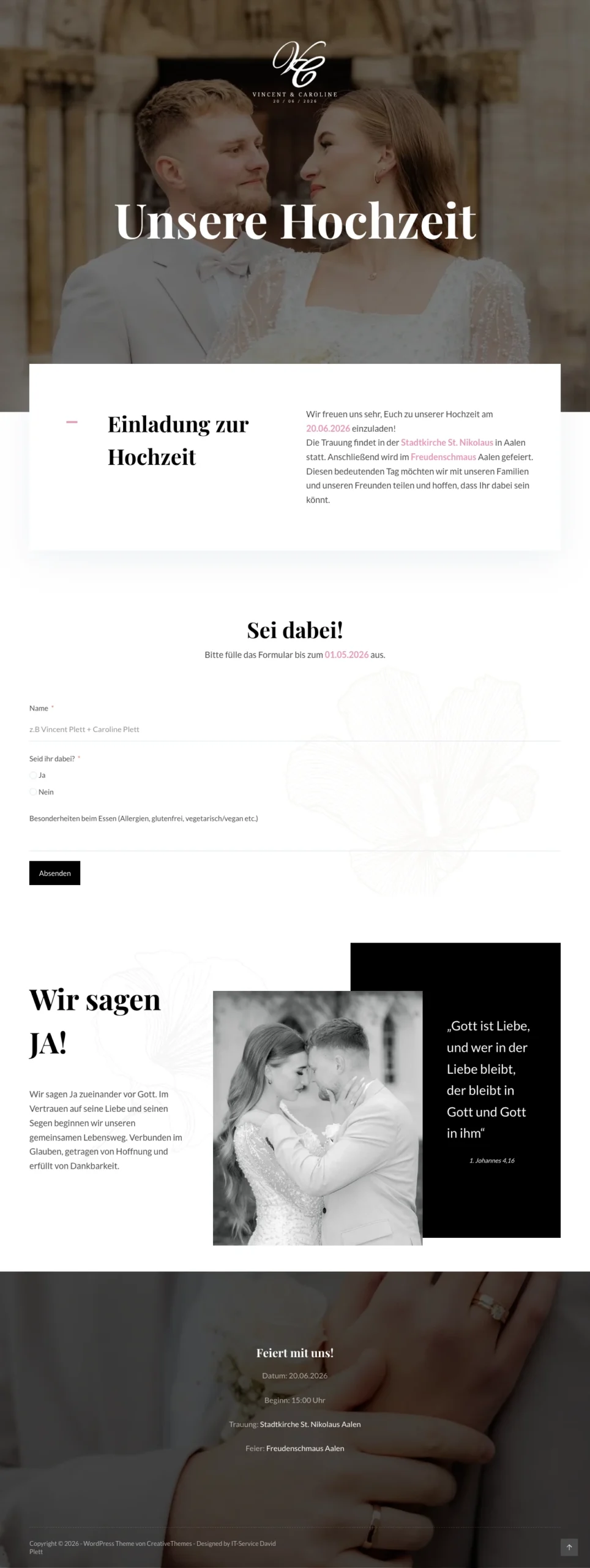 Beispiel einer Hochzeitswebsite mit Einladungstext, RSVP-Formular und Fotos – erstellt von SITEDREAM.DE