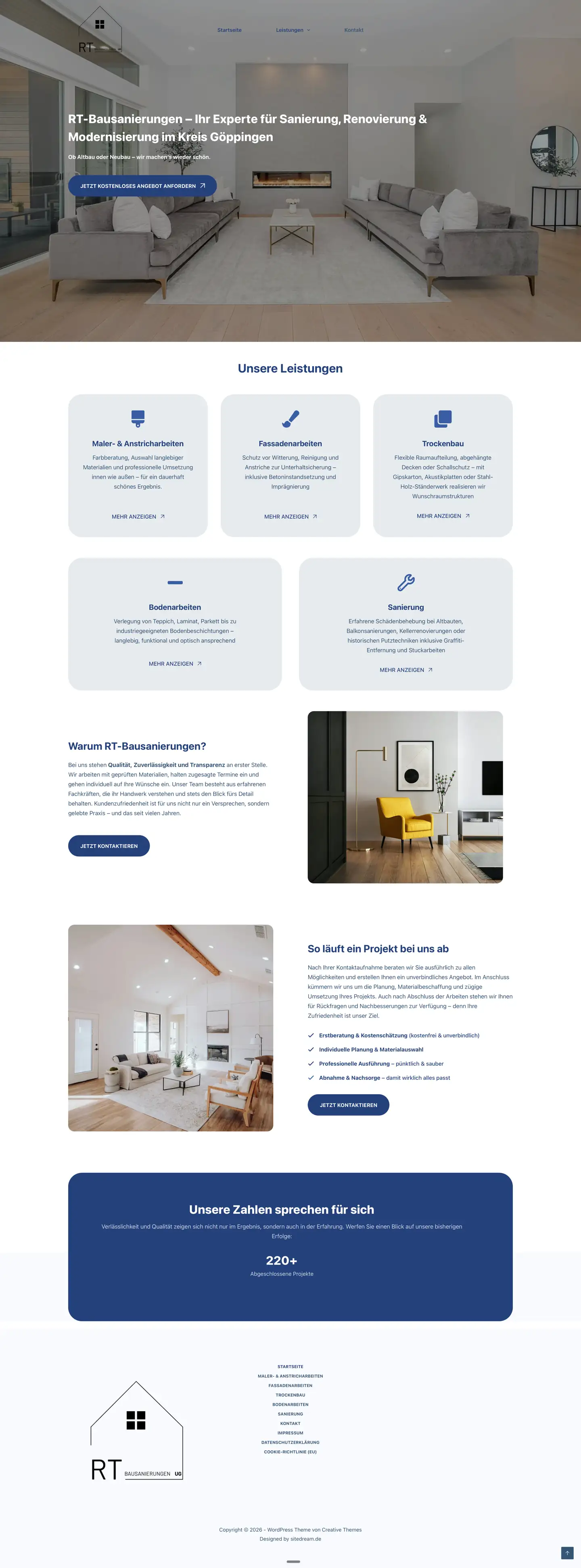 Full-Page-Screenshot einer modernen Website für RT-Bausanierungen im Kreis Göppingen, erstellt von SiteDream mit Fokus auf Handwerk, Modernisierung und Bausanierung.