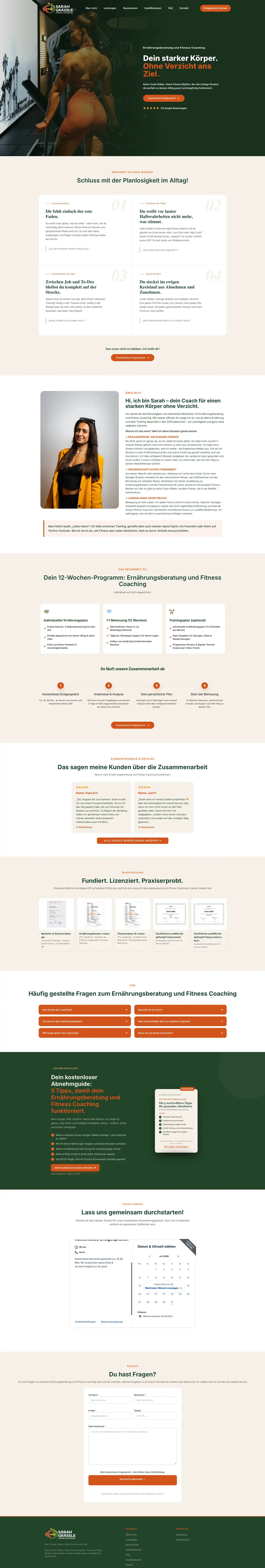 Vollständiger Screenshot einer von SiteDream erstellten Responsive Website für ein Online Fitness Coaching in Grün und Orange.