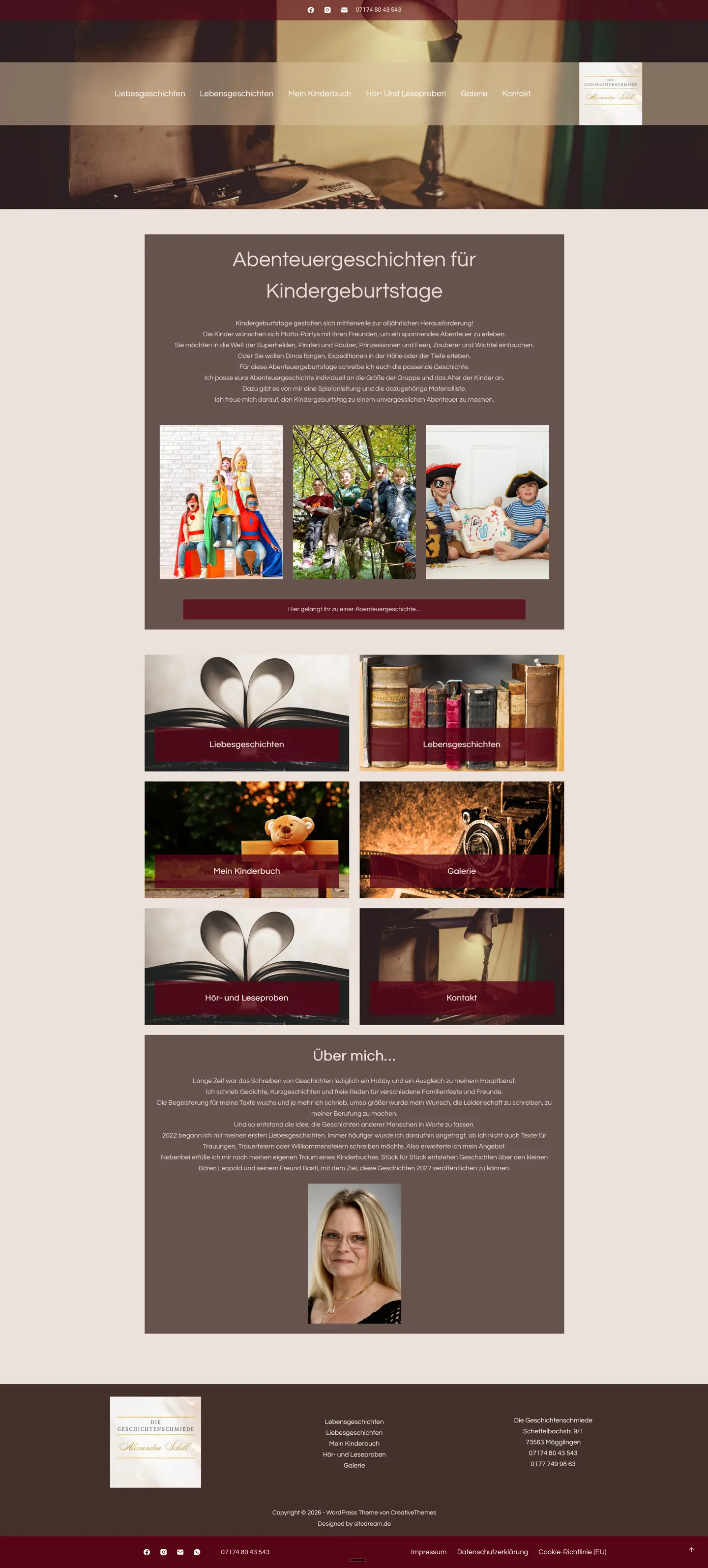 Full-Page Website-Screenshot von Die Geschichtenschmiede Alexandra Schill: Ein elegantes Responsive Webdesign von SiteDream für Autorin und freie Rednerin.