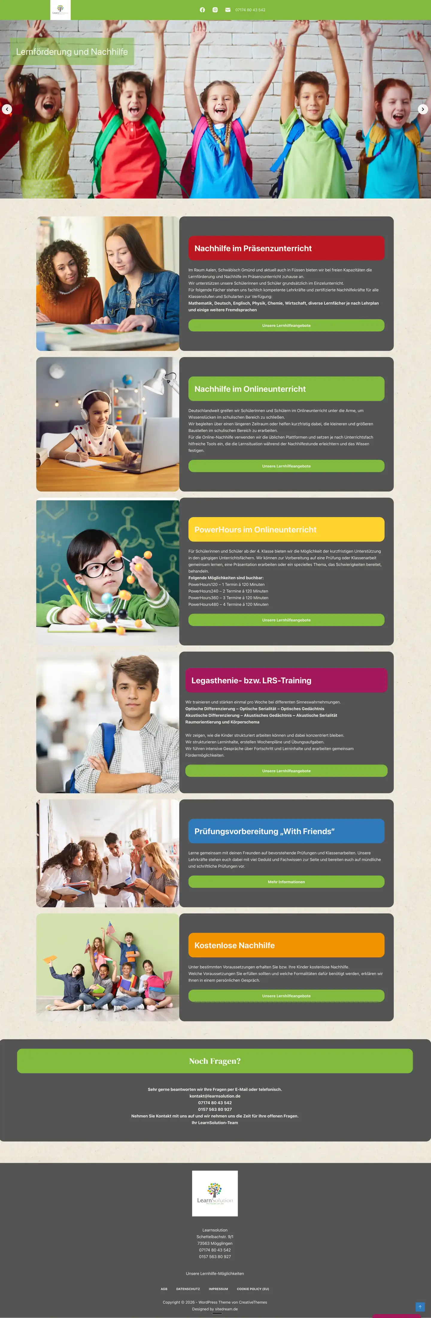 Full-Page Website-Screenshot von LearnSolution: Ein Responsive Webdesign von SiteDream für Nachhilfe, Lernförderung und LRS-Training.