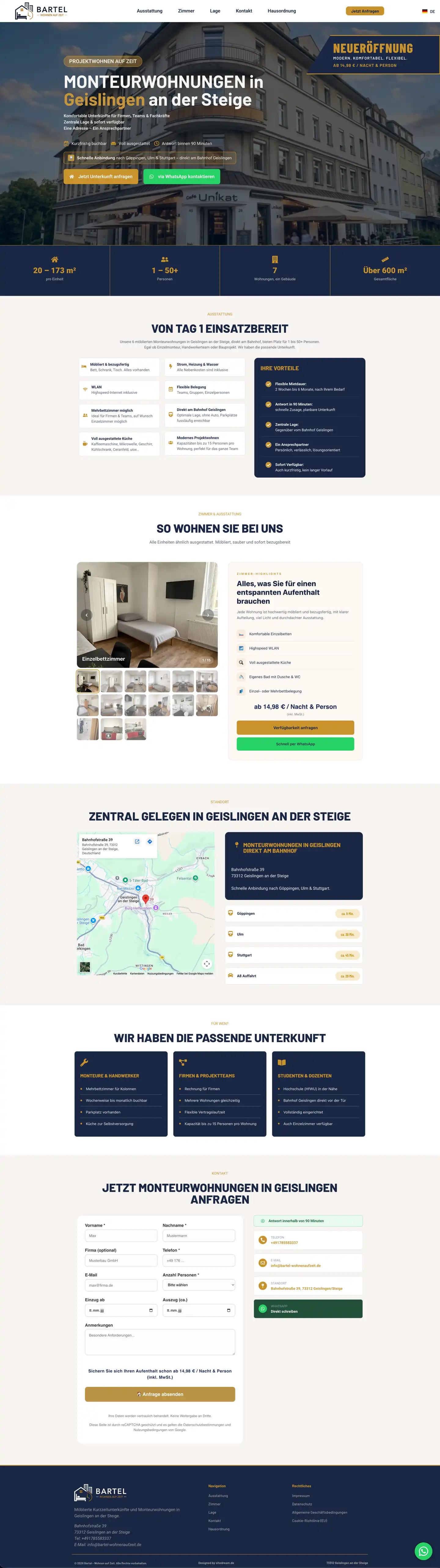 Screenshot der von SiteDream erstellten Website für Bartel Monteurwohnungen in Geislingen an der Steige mit Buchungsanfrage und Übersicht.